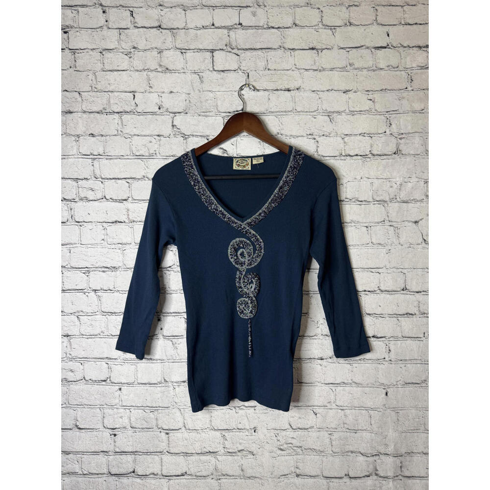 24 Karat Women's Blue Cotton Embroidered V-Neck Top Size Large